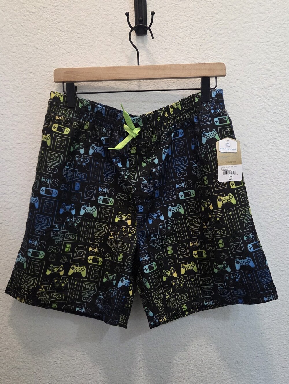 Boys Black Gaming Print Swim Trunks with Neon Drawstring Thereabouts Husky XL